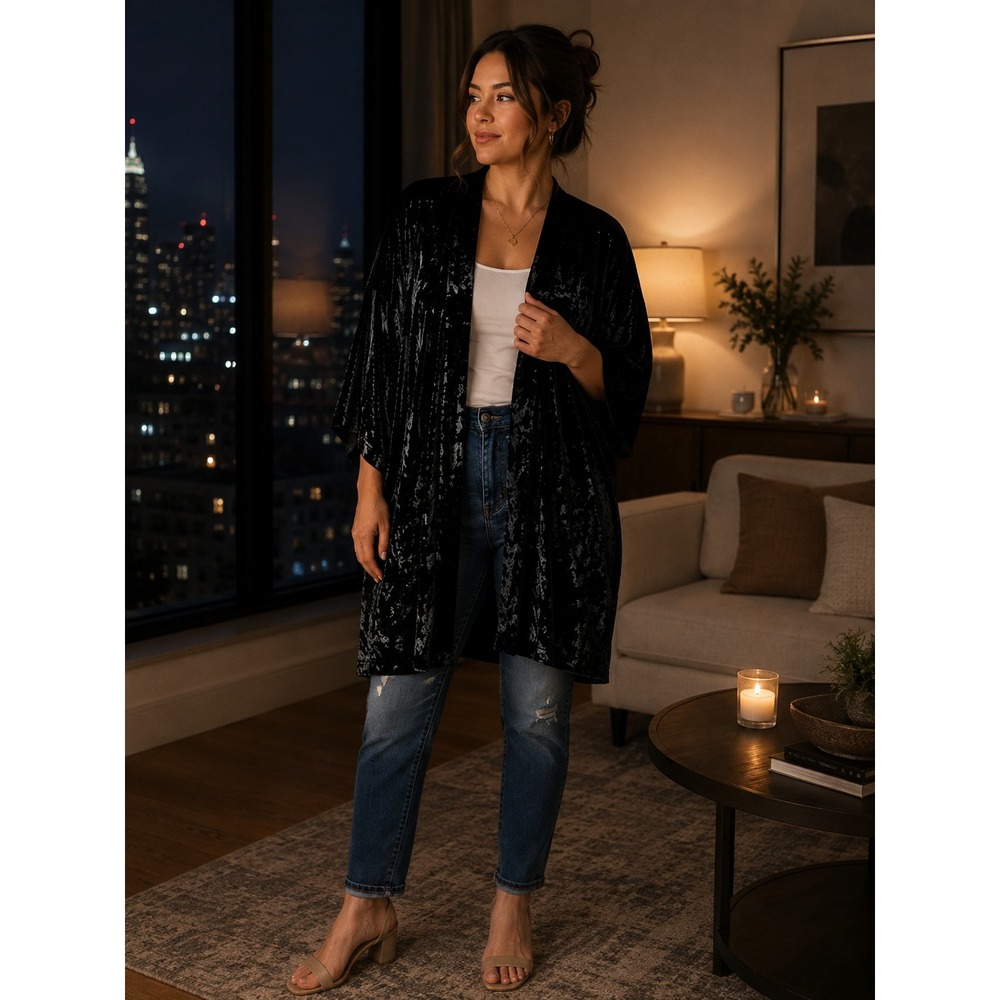 Victoria's Secret M/L Black Crushed Velvet Kimono Wrap Oversized Cardigan Heart